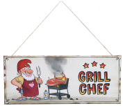 Grillchef Schild! Das lustige Grillschild als Geschenk für den Griller.   Das Metallschild mit einem Juteanhänger zum Aufhängen. Der lustige Gartenzwerg grillt ein Stück Fleisch / Steak. Das Blechschild eignet sich als Gartenschild. Im Garten hat diese Ta