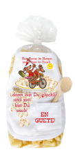 Mit dem Spruch: Hab Sonne im Herzen und Pasta im Bauch, dann bist Du glücklich und satt bist Du auch. Die beliebten und lustigen Velo Teigwaren. Als Geschenk mit einer kleinen Mini-Schürze und einem herzigen Holzlöffeli. Nudeln hergestellt