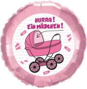Hurra ein Mädchen! Ein Baby Girl Ballon mit einem Kinderwagen Motiv. Dieser Folienballon kann mit Helium / Ballongas gefüllt werden. Den Luftballon können sie aber auch mit Luft aufblasen. Dazu einfach ein Strohhalm nehmen, in die Öffnung einfahren und au