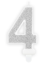 Ziffer Zahl 4. Die silberne Glitter Zahlenkerze zum Geburtstag. Eine schöne glitzernde Geburtstagskerze für auf den Kuchen oder die Torte. Die Kuchenkerzen sind alle inklusive einem Stecker. Tortenkerzen Höhe: ca. 7 cm, Farbe: silber