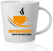 Morgenmuffel. Lustige Tasse mit Spruch für alle, die am Vormittag noch nicht so aktiv sind und öfters einen Kaffee oder einen Tee brauchen. Ideal auch als Geschenk gefüllt mit Schokolade. Aus Keramik, Höhe 10 cm.