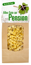 Alles Gute zur Pension. Nur für dich, Pasta. Die beliebten Schwein Teigwaren in einer schönen Geschenkpackung. Am Naturbeutel ist eine Etikette angebracht. Vorderseite mit Sprüchen, Rückseite mit einem feinen Pasta Rezept mit Tomaten Mozzarella Sauce. Nud