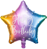Happy Birthday Stern Ballon, ein Geburtstagsballon. Dieser Folienballon kann mit Helium / Ballongas gefüllt werden. Den Sternballon können sie aber auch mit Luft aufblasen. Dazu einfach ein Strohhalm nehmen, in die Öffnung einfahren und aufpusten. Als Ges