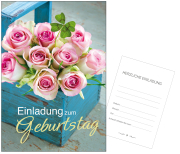 Einladung zum Geburstag. Rosarote Rosen, ein Rosenstrauss. Die aufklappbare Einladungskarten mit Couverts für den Geburtstag. Mit diesen neutralen Einladungen können sie ganz einfach zur Geburstagsparty einladen. Es sind Doppelkarten, das heisst die Karte