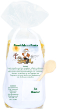 Die schöne Teigwaren-Geschenkpackung mit Mini-Schürzli und Mini-Holzkelle. Gefüllt mit Engelsnudeln (400 g). Teigwaren hergestellt in der Schweiz. Das Schürzli ist mit einem feinem Weihnachtsrezept bedruckt.