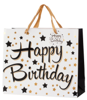 Happy Birthday in einem edlen glänzenden Design gold und schwarz. Eine Geschenktüte zum Geburtstag. Ideal als Verpackung für ein Geschenk. Damit das Geburtstagsgeschenk schön verpackt ist.  Papier: 210 gr Grösse: 31 x 26 x 12 cm