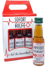 Sofort Hilfe für eine gute Gesundheit. Ein Schluck Likör kann Wunder bewirken. Ein Impfstoff, der als Shötli eingenommen werden kann. Ein lustiges Geschenk für Gute Besserung oder jemand, der manchmal einen besonderen Motivationsschub braucht. ​ Soforthil