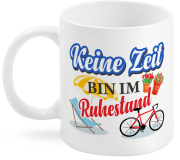 Keine Zeit bin im Ruhestand. Beidseitig bedruckter Becher aus Keramik. Füllmenge: 300 ml Verpackt in einer schönen Kartonbox.  Diese Tasse ist ein schönes Geschenk für eine Rentnerin oder einen Rentner, der seine Pension und seine Hobbys in vollen Zügen g