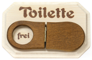 Das Schild aus Holz. Für an die Toiletten Tür. Mittels dem kleinen WC Ring kann angezeigt werden, ob das Klo frei oder besetzt ist. Ein lustiges Geschenk für das eigene Heim oder in der Ferien Wohnung. Auf der Rückseite hat es selbsthaftende Klebstreifen,