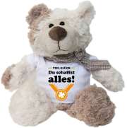 Du schaffst alles. Ein tolles Geschenk zum Geburtstag oder als Glücksbringer für wichtige Abschluss Prüfungen. Der kuschelige Plüschbär mit Schleife um den Hals. Dazu ein weisse Mini T-Shirt mit einem lustigen Spruch. Das Mini-Shirt kann auch ausgezogen w