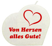 Von Herzen alles Gute. Die kleine Spruchkerze in Herzform zum Verschenken. Ideal für ein kleines Geschenk oder Mitbringsel. Die weisse Herz Kerze kann auch für ein Päckli zur Dekoration verwendet werden. Eine tolle Geschenksidee für eine liebe Person, den