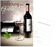 Einladung zum Geburtstag. Mit Weinflaschen. Ein guter alter Wein. Die aufklappbare Einladungskarten mit Couverts für den Geburtstag. Mit diesen neutralen Einladungen können sie ganz einfach zur Geburstagsparty einladen. Es sind Doppelkarten, das heisst di