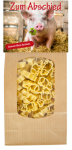 Zum Abschied. Sauviel Glück für Dich. Die beliebten Schwein Teigwaren in einer schönen Geschenkpackung. Am Naturbeutel ist eine Etikette angebracht. Vorderseite mit Sprüchen, Rückseite mit einem feinen Pasta Rezept mit Tomaten Mozzarella Sauce. Nudeln her