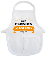 Ein kleines Geschenk zur Pension, Pensionierung, zum Ruhestand. Zum Abschied eine Mini Schürze aus Baumwolle. Zum Umhängen an Flaschen oder Geschenke. Ideal für Geburtstag oder Jubiläum.